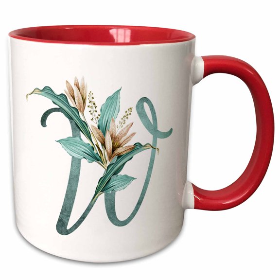 3drose, Green Boho Lily Monogram Initial W, 11oz Two-tone Red Mug
