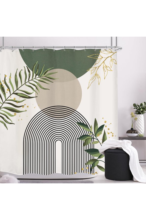 Green Boho Mid Century Shower Curtain 72Wx72H Abstract Gold Leaves Grey Modern Sun Arch Minimalist Geometric Aesthetic Plant Bathroom Decor Neutral Bath Curtain Polyester 12 Pack Hooks