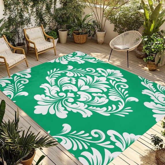 Green Boho Outdoor Rug for Patio/Deck/Porch, Non-Slip Large Area Rug 6 x 9 Ft, Vintage Classic Bohemia Flower Textured Indoor Outdoor Rugs Washable Area Rugs, Reversible Camping Rug Carpet Runner