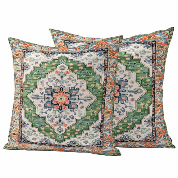 Green Boho Outdoor Waterproof Pillow Covers, Ethnic Geometric Middle Century Art Decorative Square Throw Pillowcase Sofa Cushion Sham for Patio/Couch/Chair, 20"x20" 2 Pack