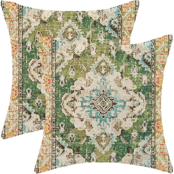 Green Boho Pillow Covers 20x20 Set of 2, Carpet Rug Design Decorative Boho Throw Pillows Linen Farmhouse Bohemian Cushion Pillow Covers for Sofa Couch Outdoor Decor