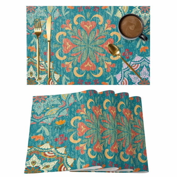 Green Boho Placemats Set of 4, Shabby Vintage Ethnic Abstract Floral Art Placemats for Dining Table, Place Mats for Kitchen Tabletop, Waterproof Wipeable Dining Table Mats Set