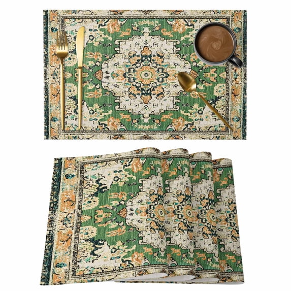Green Boho Placemats Set of 6 Farmhouse Tribal Vintage Tribal Texture Place Mats Indoor Wipeable Table Mats Washable Cloth Dining Table Placemats for Kitchen Holiday Party Home Decor 13x19 Inch