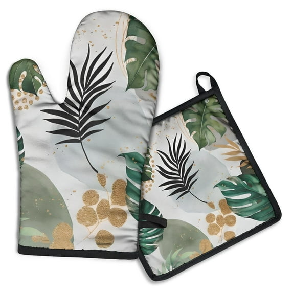 Green Boho Plant Pattern Kitchen Oven Mitt and Pot Holder Sets 2 Pcs for Baking, Cooking and Grilling, Heat Resistant Up To 392 °F