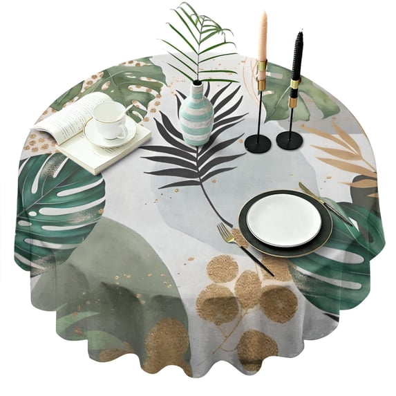 Green Boho Plant Pattern Round Tablecloth 60"x60",Wrinkle Wipeable Table Cloth for Kitchen Dining Room Picnic Patio Party