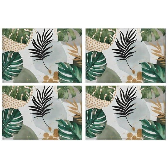 Green Boho Plant Pattern Summer Placemats Table Placemats Set Of 4-Linen Kitchen Washable Placemats Table Mats 11.8"x17.7" Non-Slip Heat Resistant