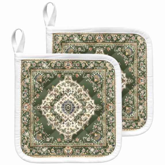 Green Boho Pot Holders for Kitchen Heatproof Potholder, 2 Pack Chic Traditional Antique Geometric Rustic Hot Pads Multipurpose Oven Pads Cloth Potholders Trivet for Cooking and Baking