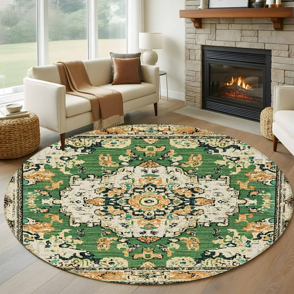 Green Boho Round Area Rug 7 FT, Non Slip Living Room Area Carpet, Farmhouse Tribal Vintage Tribal Texture Washable Soft Circular Rug Non-Shedding Floor Carpet for Bedside Office Play Room Classroom