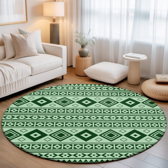 Green Boho Round Rug 5Ft Moroccan Geometric Striped Folk Modern Farm Zen Circle Area Rugs Washable Non Slip Indoor Floor Mats Carpet for Living Room Bedroom Dining Room Home Decor