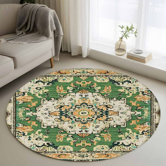Green Boho Round Rugs 4ft, Vintage Ethnic Tribe Southwestern Non Slip Washable Rug Runner, Low Pile Indoor Floor Carpet Mat Bathroom Rugs for Living Room, Bedroom, Kids Room