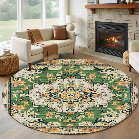 Green Boho Round Rugs 6ft, Vintage Ethnic Tribe Southwestern Non Slip Washable Rug Runner, Low Pile Indoor Floor Carpet Mat Bathroom Rugs for Living Room, Bedroom, Kids Room