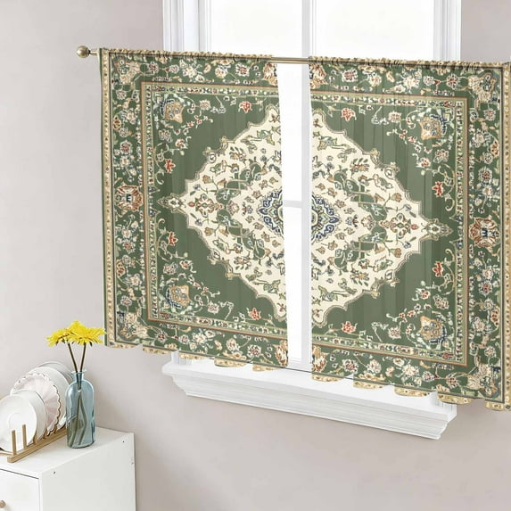 Green Boho Semi Sheer Curtains 54 Inch Length 2 Panels Set, Chic Traditional Antique Geometric Rustic Sheer Kitchen Curtain Privacy Voile Window Curtain for Living Room Bedroom Rod Pocket Drapes
