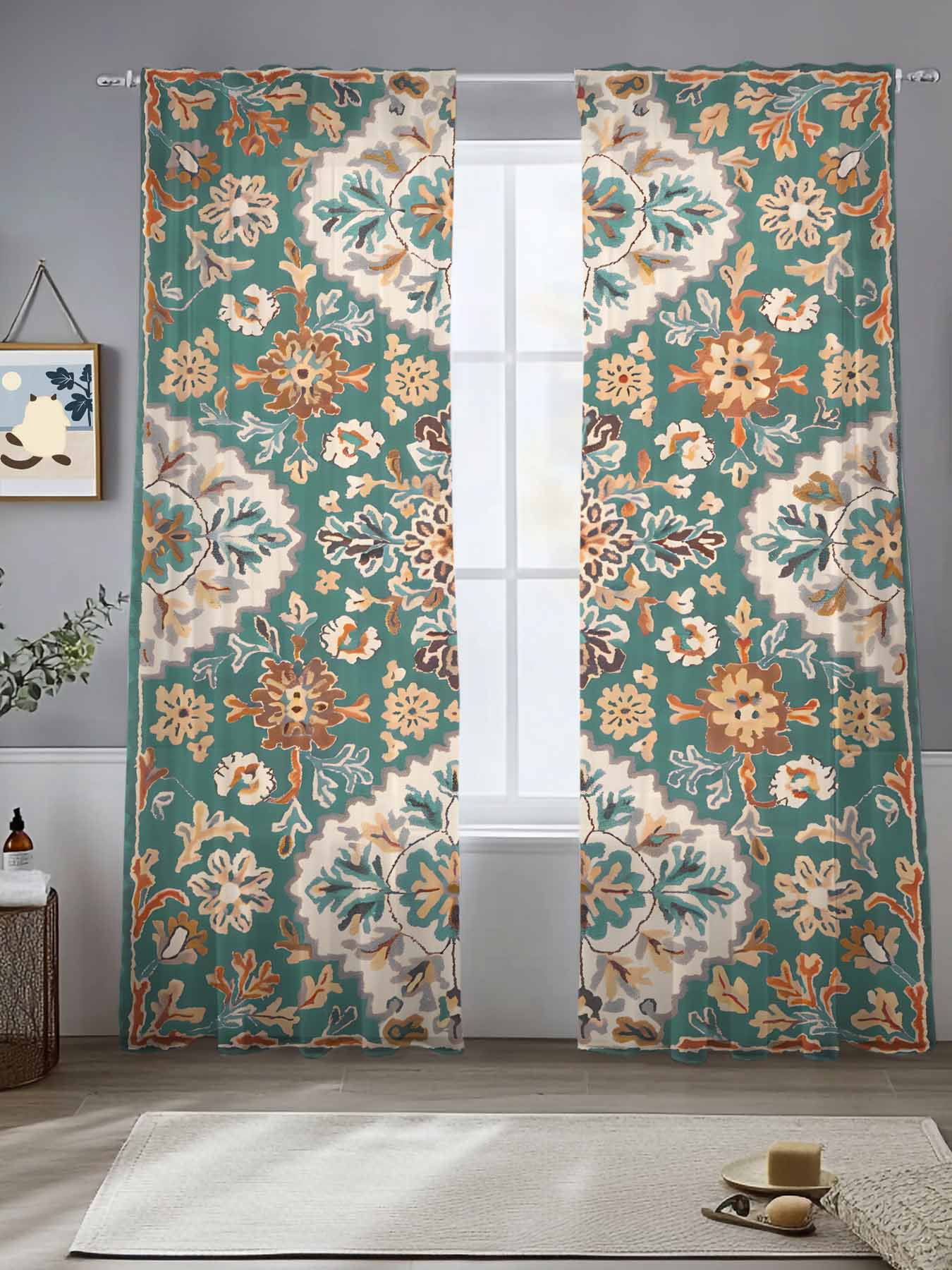 Green Boho Sheer Curtains for Living Room Bedroom Southwest Ethnic