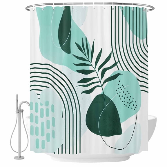 Green Boho Shower Curtain for Bathroom, Medieval Leaves Geometric Lines Abstract Waterproof Cloth Fabric Bathroom Accessories Set with 12 Rust Proof Plastic Hooks, 72"x72"