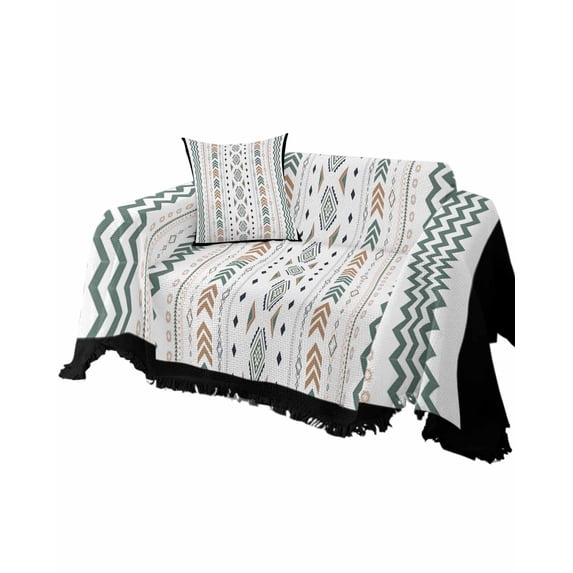 Green Boho Sofa Couch Covers for Dogs,Washable Sofa Throw Cover Single Slipcovers for Armchair with Tassel,Geometric Stripes Floral Minimalist Brown Couch Protector Towel Blanket Medium 71''x91''