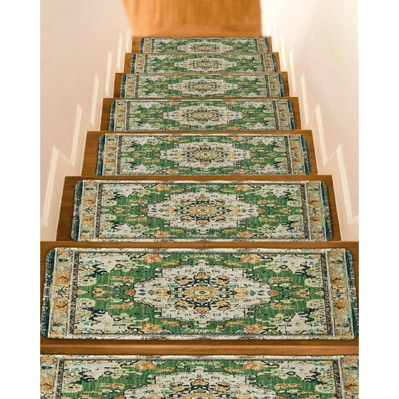 Green Boho Stair Treads for Wooden Steps Indoor Runner Rug Carpet, Farmhouse Tribal Vintage Tribal Texture 10 Pieces Peel and Stick Staircase Step Treads Covers Washable Throw Door Mats, 30"x8"