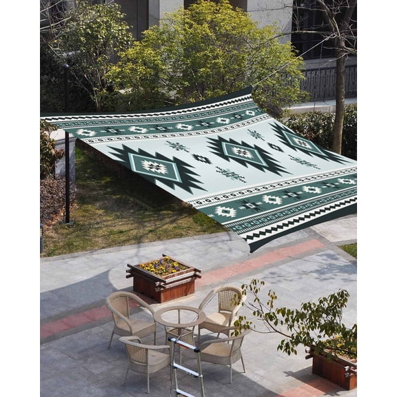 Green Boho Sun Shade Sail 6.5'x10' Rectangle Outdoor Shade Canopy, Southwest Ethnic Abstract Geometric Art Porch Shades Outdoor Sun Blocking Screen, Sunshade Cloth Covers for Patio/Deck/Garden