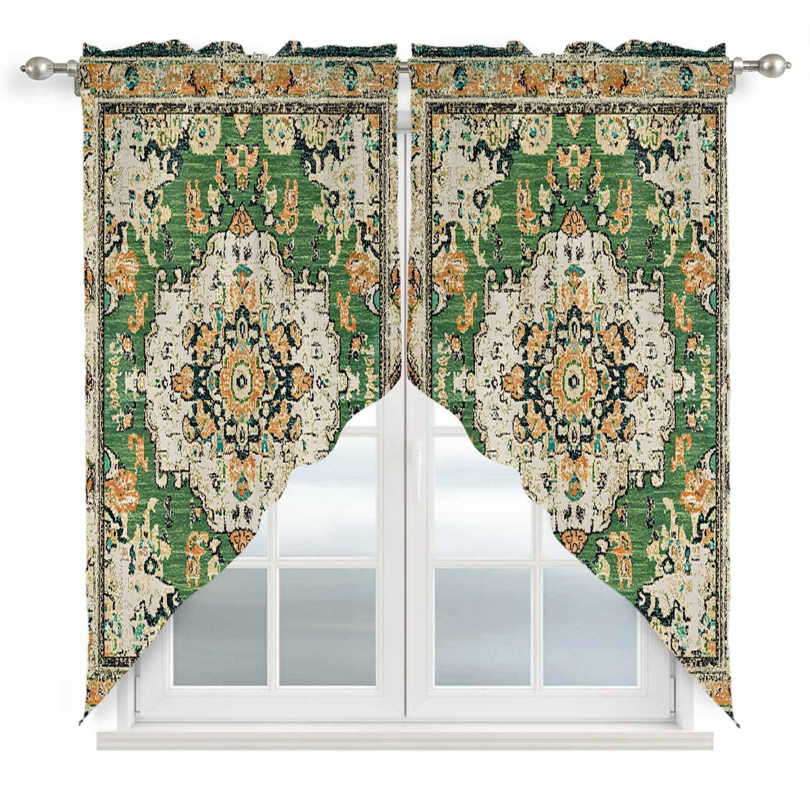 Green Boho Swag Curtain Valances, Farmhouse Tribal Vintage Tribal