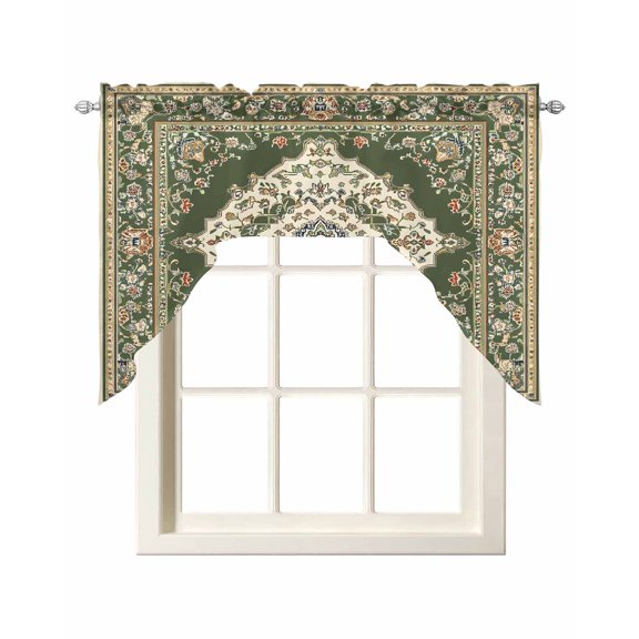 Green Boho Swag Valances for Windows, Small Curtains Drapes, Chic Traditional Antique Geometric Rustic Kitchen Window Curtains Over Sink Window Treatment Valance for Bedroom/Bathroom 56"x36"