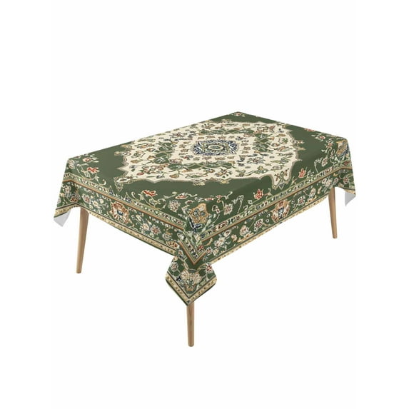 Green Boho Table Cloth, Chic Traditional Antique Geometric Rustic Waterproof Tablecloth for Rectangle Tables, Reusable Washable Fabric Table Cover for Restaurant Kitchen Dining Tables 54"x108"