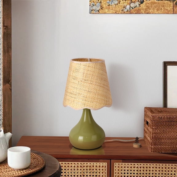 Green Boho Table Lamp, Scalloped Rattan Shade, Small Nightstand Lamp for Bedroom, Living Room,Kitchen Counter, Bookshelf, Office and Dorm