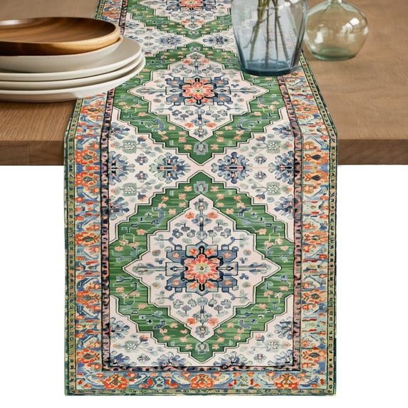 Green Boho Table Runner 120 Inches Long,Ethnic Geometric Middle Century Art Cotton Linen Table Runners Dresser Scarves,Decorative Fabric Tabletop Scarf Furniture Cover for Home Dinner Party 13"x120"