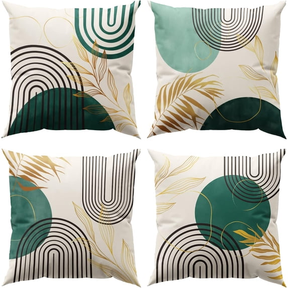 Green Boho Throw Pillow Covers Set of 4 18x18 Inch MidCentury Modern Pillow Covers with Abstract Geometric Gold Leaf Patterns for Sofa Bed Couch Bring Elegance to Any Space