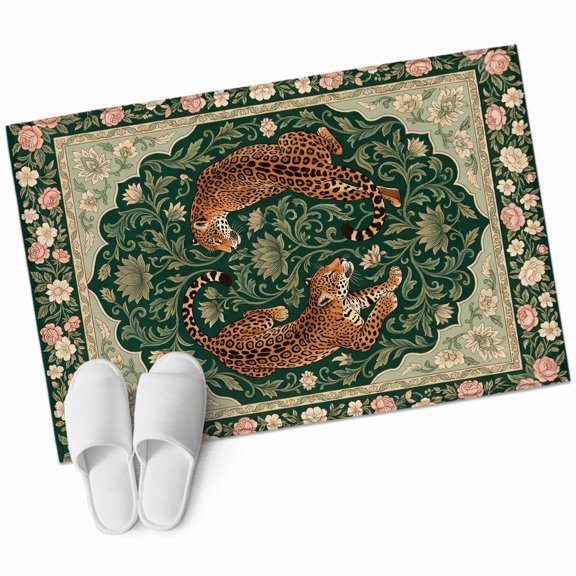 Green Boho Tiger Bathroom Rug Washable 2x3 Entryway Rug Non Slip Western Botanical Floral Front Door Mat Low Pile Indoor Doormat Throw Floor Carpet for Kitchen Bedroom Entrance