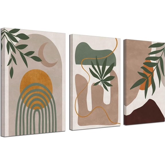 Green Boho Wall Art for Bedroom Brown Abstract Mid Century Modern Wall Art Minimalist Bohemian Leaf Canvas Prints Pictures Framed Artwork for Bathroom Living Room Decor 3 Panels 12" X16