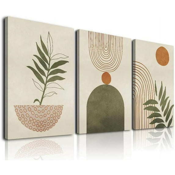 Green Boho Wall Art Set of 3, Framed Canvas Wall Art Green Polygon Tropical Leaves Abstract Geometric Line Artwork, Mid-Century Modern Wall Prints Poster, Nordic Green Boho Wall Decor for