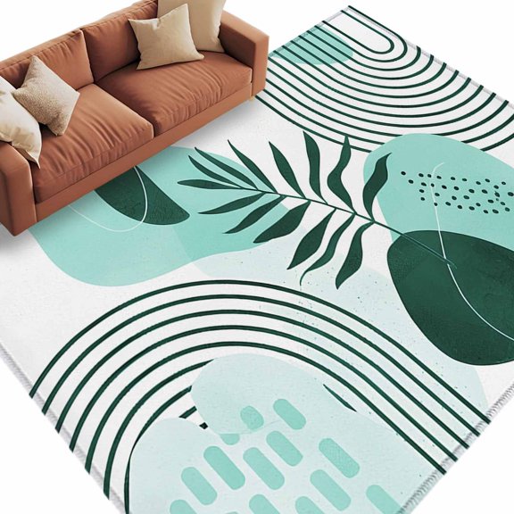 Green Boho Washable Area Rug 5 x 7 ft Medieval Leaves Geometric Lines Abstract, Soft Non Slip Rugs Stain Repellent Indoor Felt Carpet for Living Dining Room Bedroom Home Office