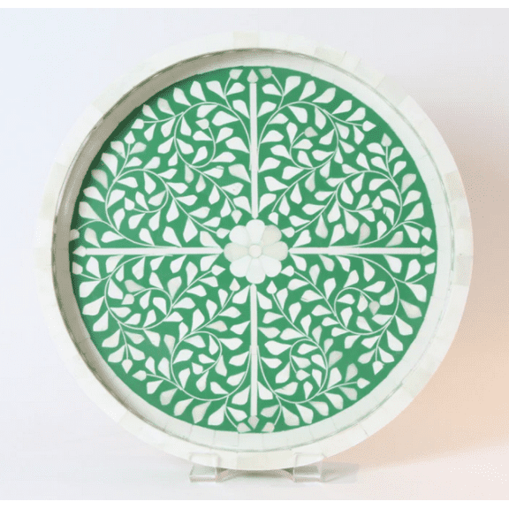 Green Bone Inlay Tray – White Vine & Leaf Pattern, Symmetrical Central Flower, White Bone Border, Perfect for Coffee Table or Serving
