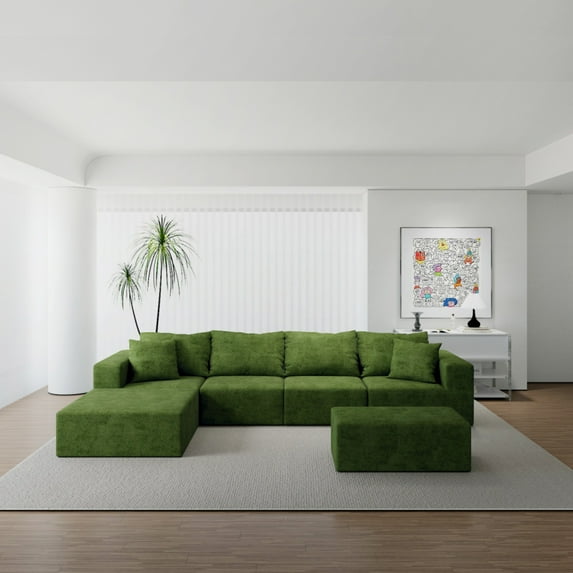Green Boneless Couch, Sectional Couches for Living Room, Modern Modular Sofa, 4-Seater with 2 Ottomans and Oversized Chaise