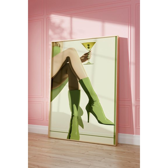Green Boot Martini Wall Art Bar CArt Femme Fatale Cherry Girl Art Print Nyc Aesthetic Sage Green Martini Art Preppy Decor Trendy Wall Art Modern Wall Decor