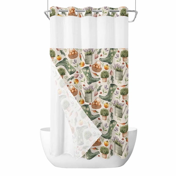 Green Boots Lavender Flower No Hook Shower Curtain with Snap in Liner Set,Retro Farm Thing on Linen Waterproof Fabric Shower Curtains with See Through Top Window for Bathroom,36Wx72L