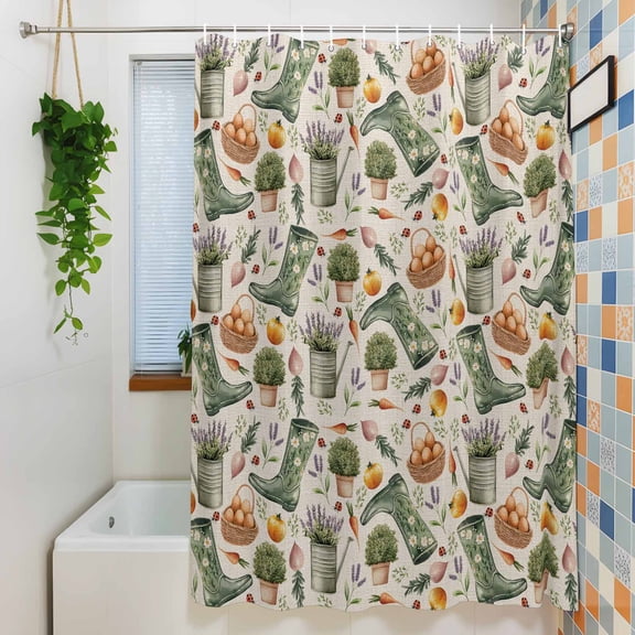 Green Boots Lavender Flower Shower Curtain for Bathroom, Retro Farm Thing on Linen Waterproof Shower Curtains Washable Quick Dry with Hooks Bathtub Curtains 36x72IN