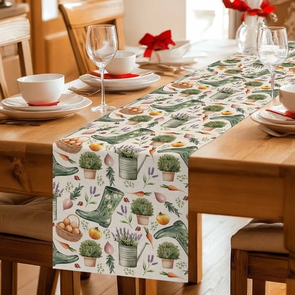 Green Boots Lavender Flower Table Runner 36 Inches Long,Kitchen Dining Tablerunners Retro Farm Thing on Linen Linen Table Runners Dresser Scarves for Home Dinner Wedding Holiday Party Decor