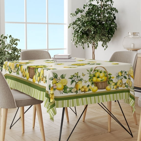 Green Border Fresh Lemon Printed Table Cover, Summer Dining Cloth, Stain Resistant Durable Cover for Family Holiday Summer Gatherings