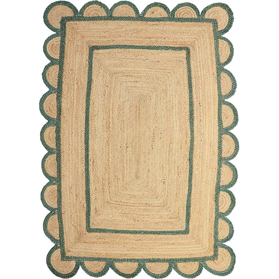 Green Border Natural Scallop Pattern Jute Bohemian Area Rug