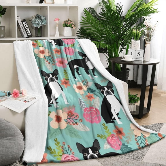 Green Boston Terrier and Flower Blanket,Comfortable Soft Lamb Wool Throw Blanket,All Season,Warm Lightweight Blankets for Sofa Bed Couch Living Room Chair,50"x60"