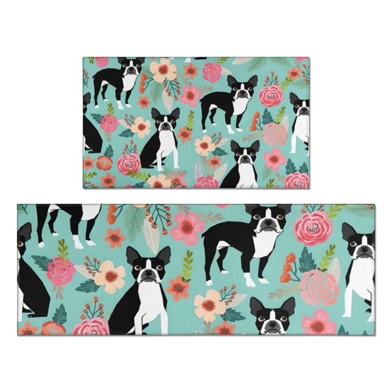 Green Boston Terrier and Flower Kitchen Rugs Sets Of 2,Anti Fatigue Kitchen Mat Rugs Non Slip Washable,Decorative Kitchen Floor Mats for Kitchen,Sink,Laundry,17"x30"+17"x47"
