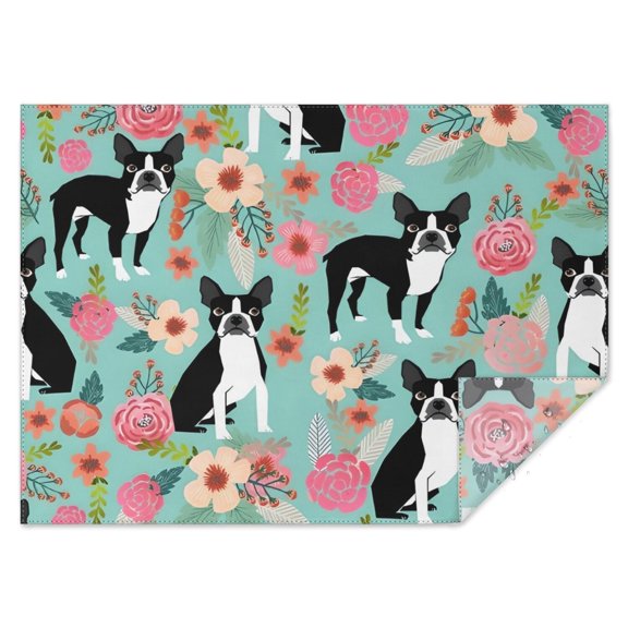 Green Boston Terrier and Flower Rectangle Tablecloth 60"x84",Waterproof Polyester Rectangle Table Cloth, Wipeable Spillproof Polyester Tablecloth for Dining, Camping, Indoor and Outdoor