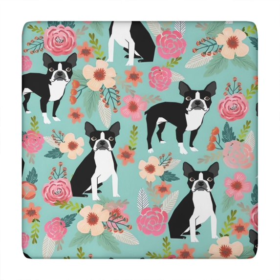 Green Boston Terrier and Flower Square Fitted Tablecloth with Elastic Edge,Square Table Cover,Washable Elastic Table Cover for Home Kitchen Party Decor 34"x34"