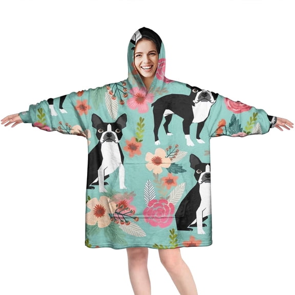 Green Boston Terrier and Flower Wearable Oversized Blanket,Wearable Blanket Hoodie for Adults,Cozy Hooded Blankets with Super Pockets,Super Warm Fuzzy Pullover for Women & Men