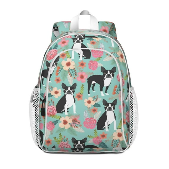 Green Boston Terrier and Flower Backpack for School,Cute School Bag,Schoolbag with Adjustable Shoulder Straps & Padded Back,15"x11.42"x5.5"