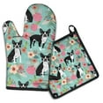 thumbnail image 1 of Green Boston Terrier and Flower Kitchen Oven Mitt and Pot Holder Sets 2 Pcs for Baking, Cooking and Grilling, Heat Resistant Up To 392 °F, 1 of 7