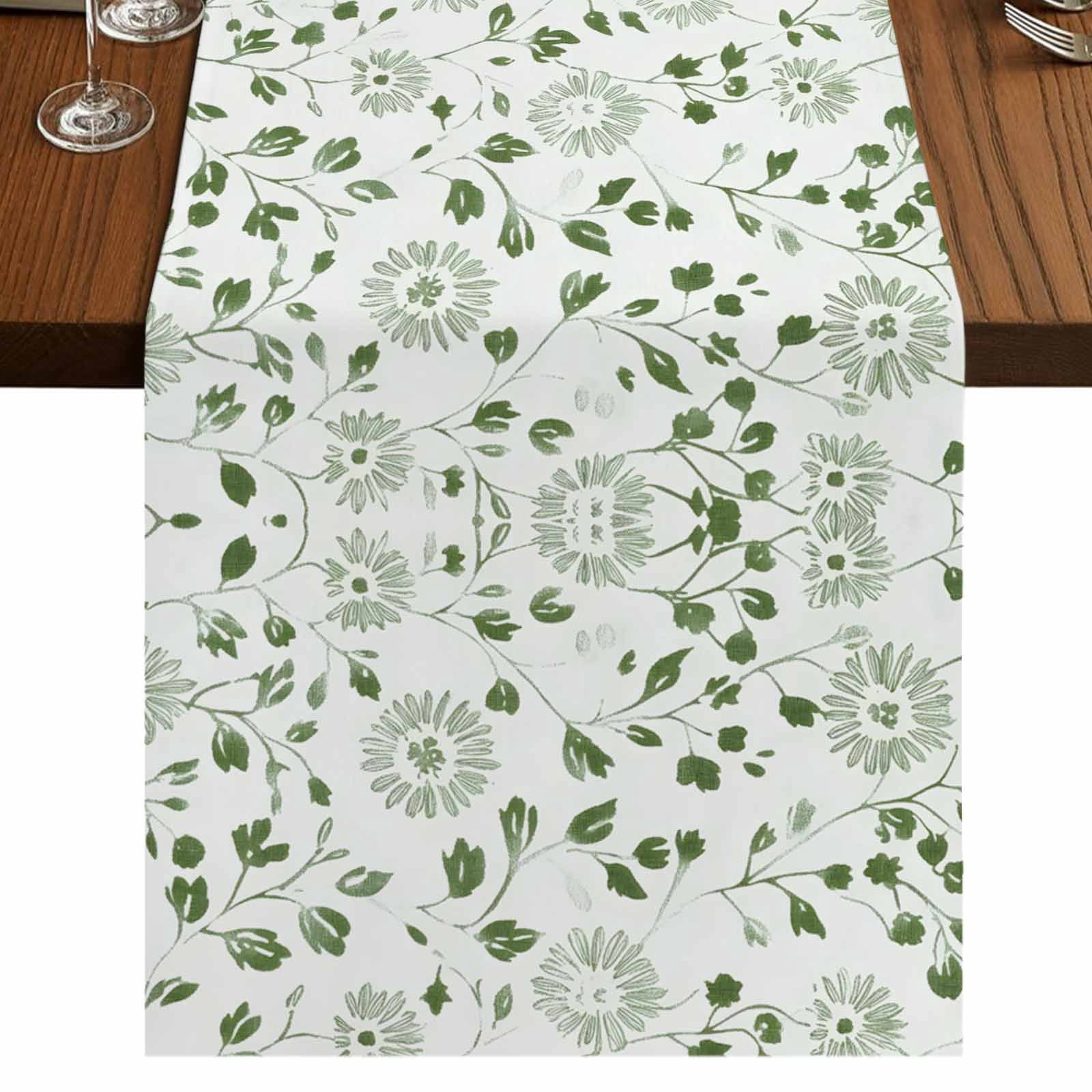 Green Botanical 36 Inch Table Runner, Watercolor Pastoral Vintage ...