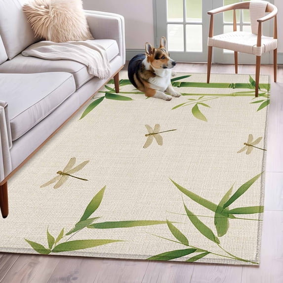 Green Botanical Area Rugs 2.7'x5', Washable Small Throw Rugs for Kitchen Bedroom, Farmhouse Dragonfly Indoor Outdoor Rug Non-Slip Low Pile Carpet Runner Reversible Floor Mats