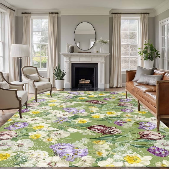 Green Botanical Area Rugs 6'x9', Washable Small Throw Rugs for Kitchen Dining room, Spring Floral Summer Botanical Rustic Indoor Outdoor Rug Non-Slip Low Pile Carpet Runner Reversible Floor Mats