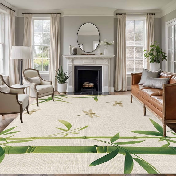 Green Botanical Area Rugs 8'x10', Washable Small Throw Rugs for Living Room Patio, Farmhouse Dragonfly Indoor Outdoor Rug Non-Slip Low Pile Carpet Runner Reversible Floor Mats